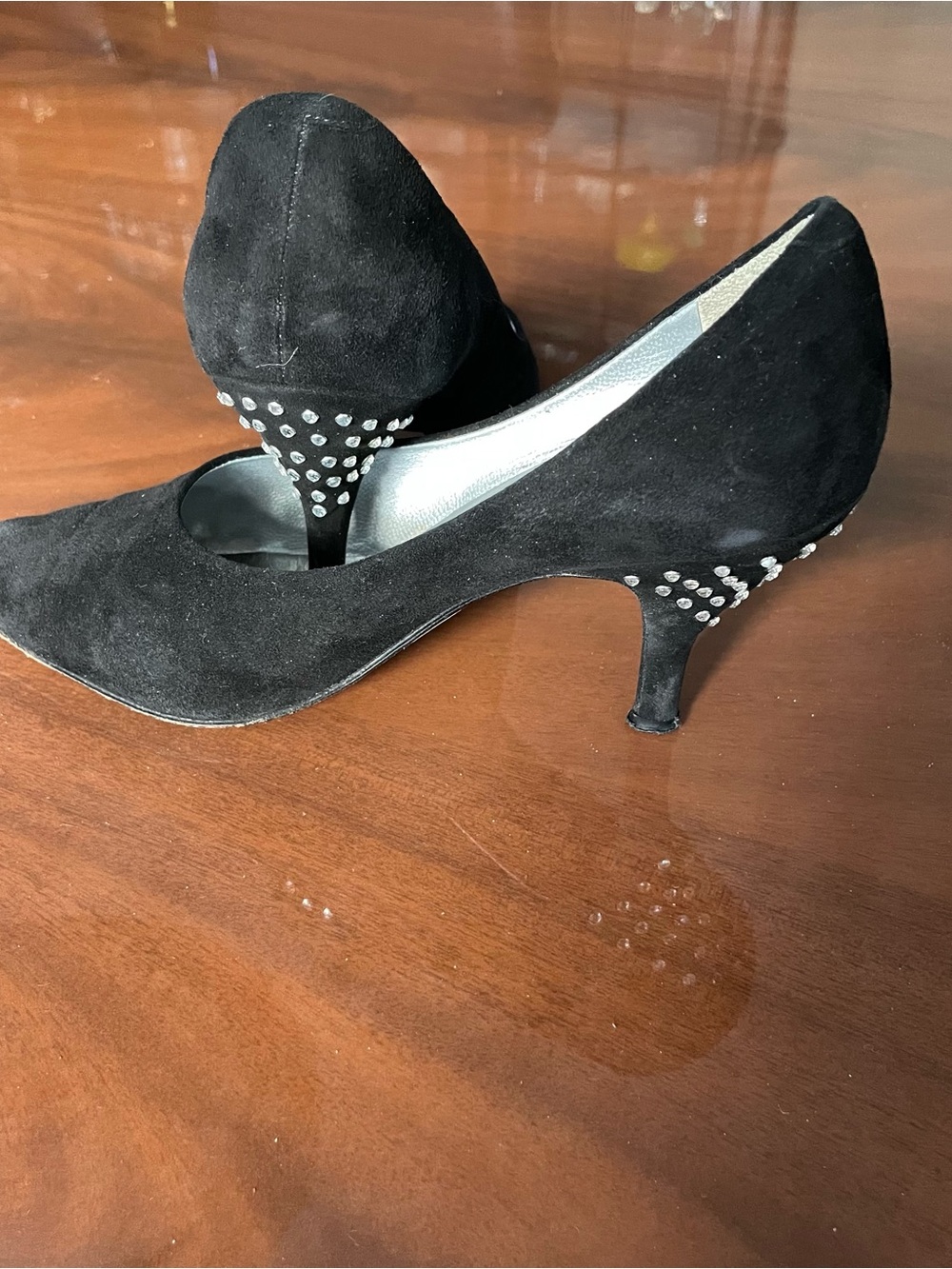 Via Spiga Made in Italy Black Suede Crystal-Stud Heel Pumps